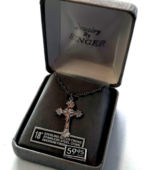 Small Cross  Sterling Silver 18 Inch Stainless Steel Chain Rhodium Finish